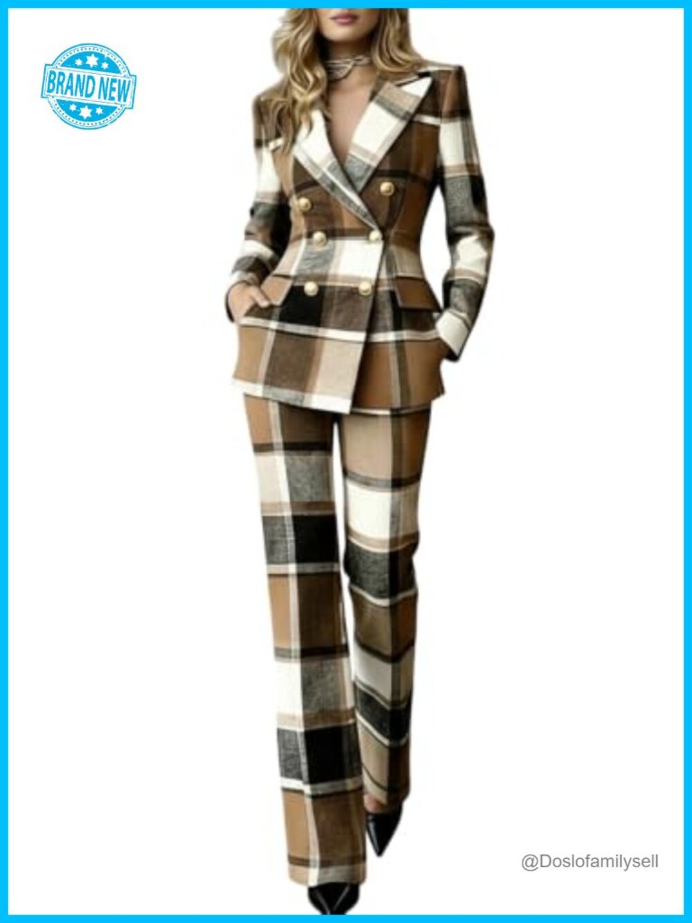 Womens Plaid Pant Suit Double Breasted Blazer 2 Piece Pantsuit